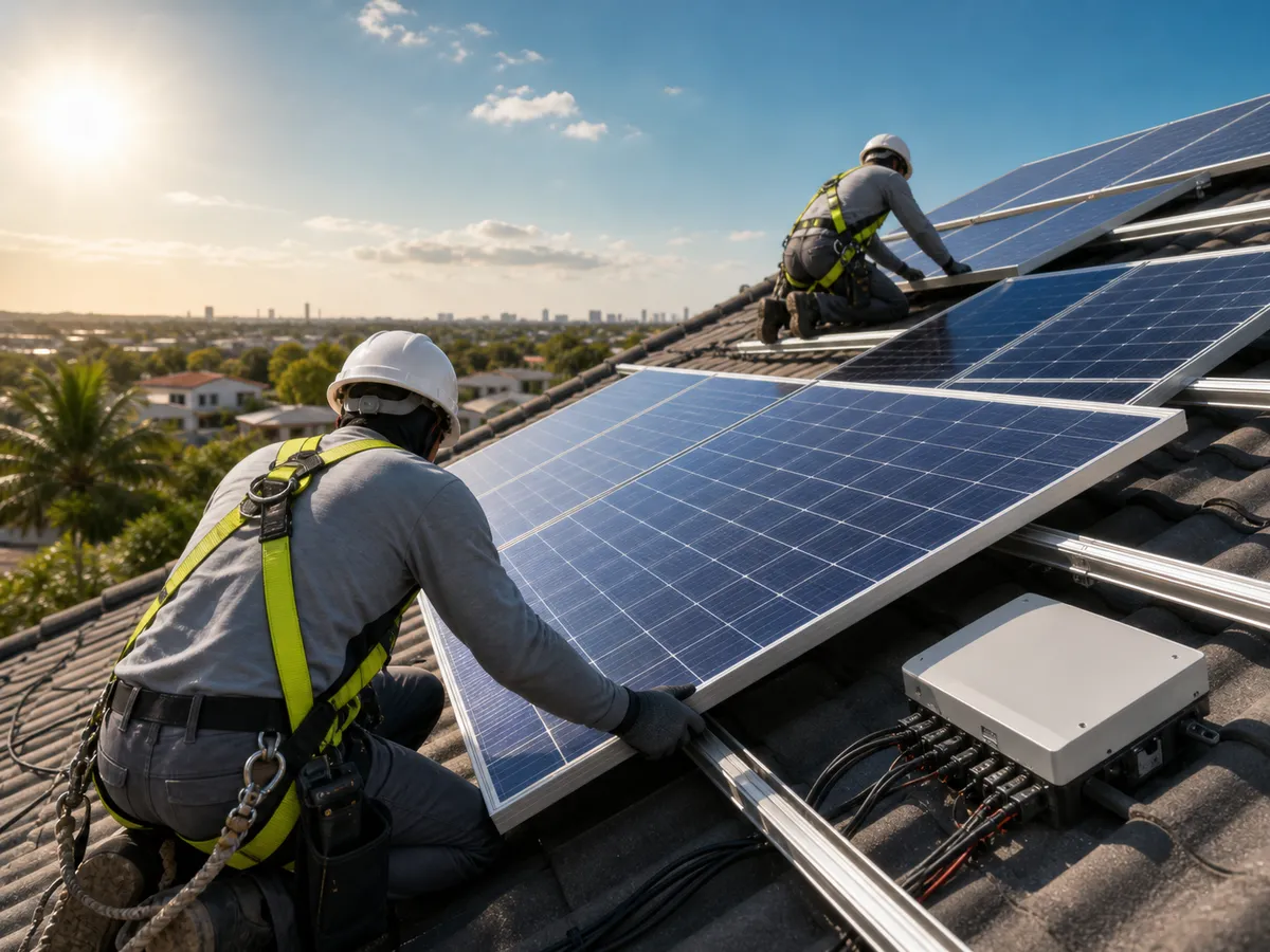 Profissional instalando painéis solares em um telhado